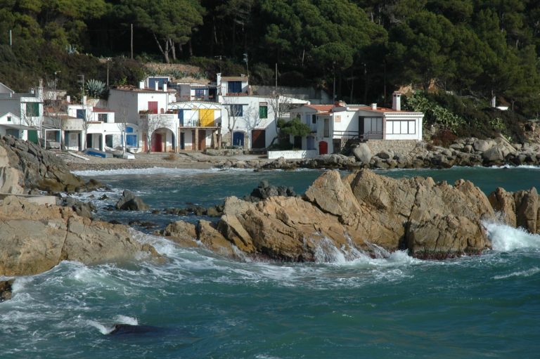 vista de la façana litoral de Palamós amb l'església al fons i amb barques de pesca i d'oci amarrades al port a primer pla