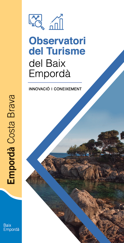 portada del fulletó del projecte Observatori del Turisme. Es una portada rectangular amb una platja de gons i amb el logotip del projecte i dues icones de color blau: una pantalla amb una lupa i un gràfic de barres.