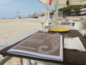 socorrista que acompanya a una nena amb una cadira que no és del tot amfíbia però que l'ajuda a estar a peu de sorra de la platja amb l'aigua just davant seu