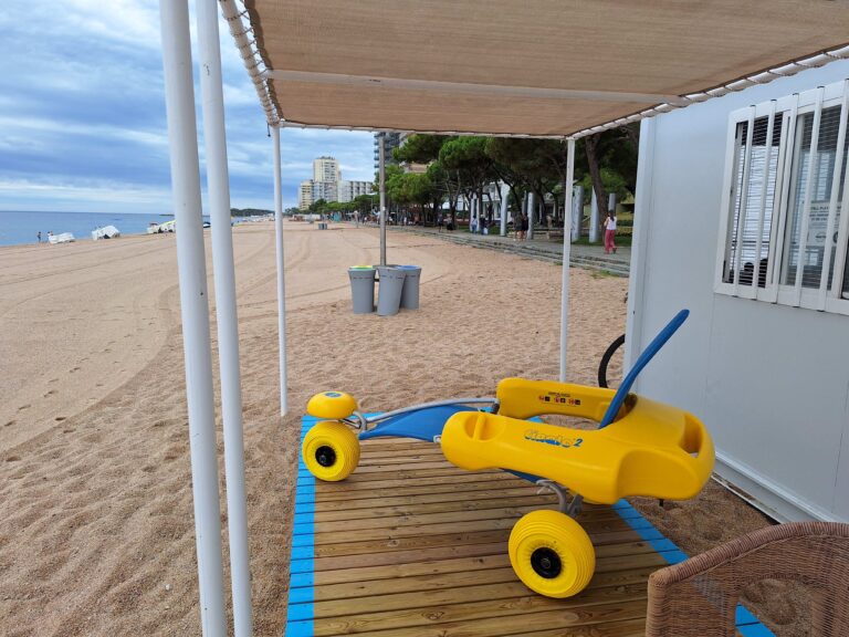 socorrista que acompanya a una nena amb una cadira que no és del tot amfíbia però que l'ajuda a estar a peu de sorra de la platja amb l'aigua just davant seu